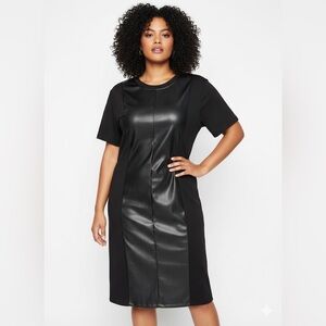 STYLEWE Black Faux Leather Panel Midi Dress